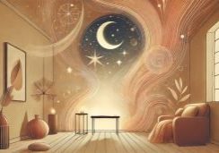 Abstracte, serene woonkamer met kosmische elementen zoals sterren en een halve maan, ideaal voor affirmaties en zelfreflectie