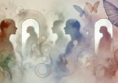 Abstracte silhouetten van vrouwen die in spiegels kijken, symbolisch voor zelfreflectie en groei.